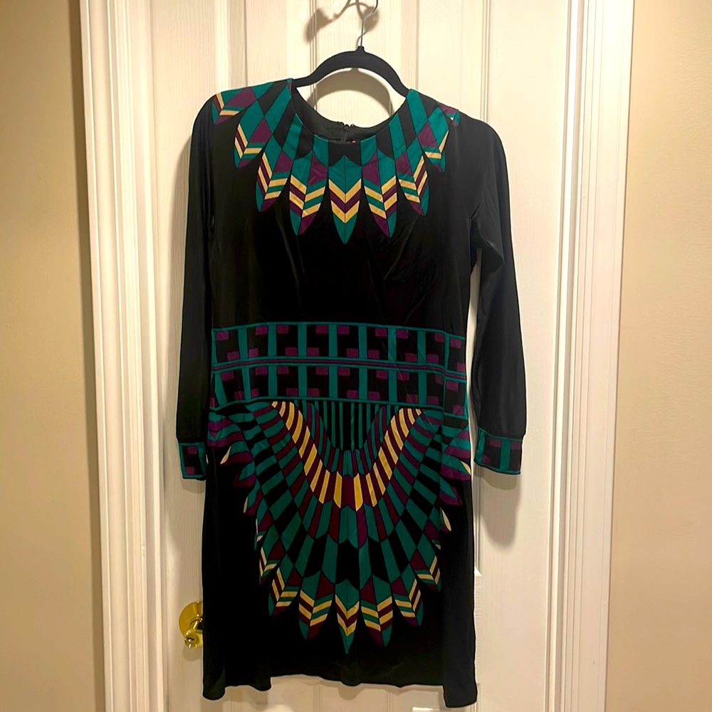 Tory Burch Silk Long Sleeve dress size 2 black geometric pattern